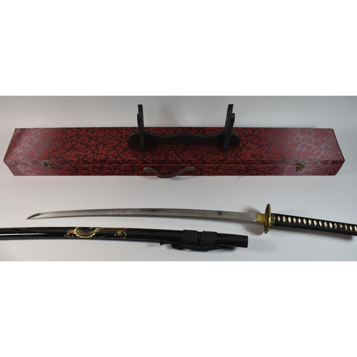 160 - A Cased Japanese Katana with Lacquered Scabbard Decorated with Dragons, Wall Hanging Rack etc 105cm ... 