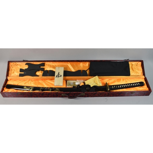 160 - A Cased Japanese Katana with Lacquered Scabbard Decorated with Dragons, Wall Hanging Rack etc 105cm ... 