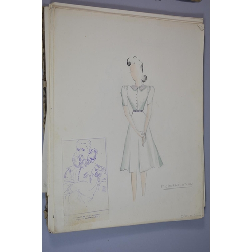 213 - A Folio of French Watercolour and Ink Dress Designs, C.1940/50's, 'Creations' Signed Zegers S