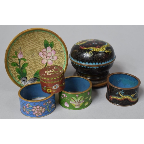 287 - A Collection of Six Pieces of Cloisonné Ware to Include Lidded Pot on Stand, Dish, Napkin Rings and ... 