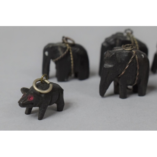 313 - A Collection of Ten Miniature Carved Elephants Together with a Bog Oak Carved Pig Pendant (Missing L... 