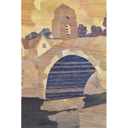 320 - A Framed Marquetry Depicting Canal Bridge, 46x47cm Overall