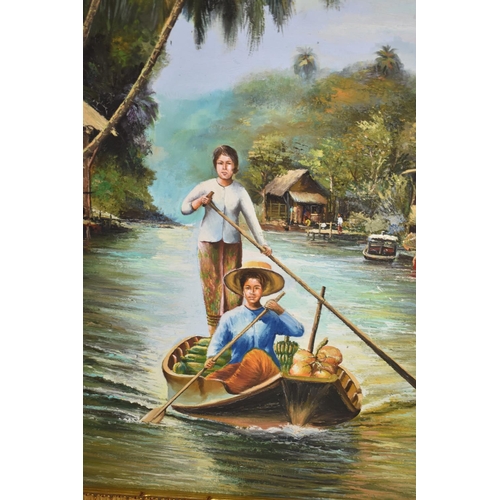 348 - A Large Far Eastern Gilt Framed Oil on Canvas, Ladies En Route to Floating Market, Signed Wasan, 90x... 