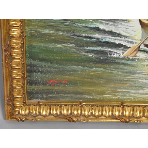 348 - A Large Far Eastern Gilt Framed Oil on Canvas, Ladies En Route to Floating Market, Signed Wasan, 90x... 