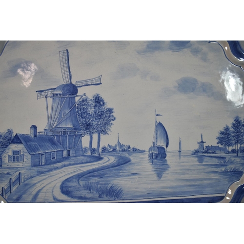 452 - A Large 18th Century Style Delft Tin Glazed Blue and White Wall Plaque Depicting Sailing Barge and W... 