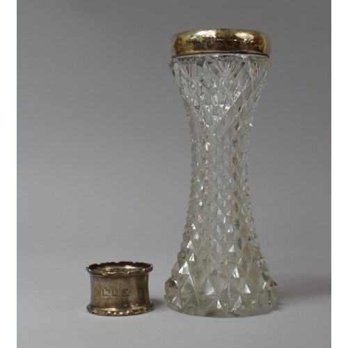 461 - A Silver Rimmed Glass Vase Together with a Silver Napkin Ring Monogrammed LLE