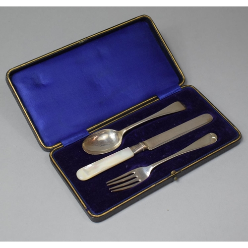 464 - A Cased Silver Christening Set, the Knife with Mother of Pearl Handle, Case af