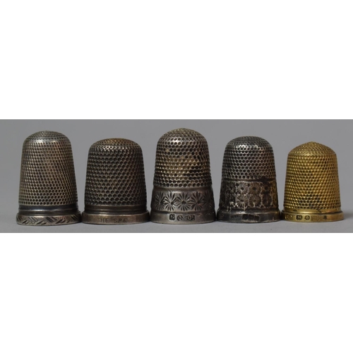 471 - A Collection of Four Silver Thimbles and One Other, Various Hallmarks