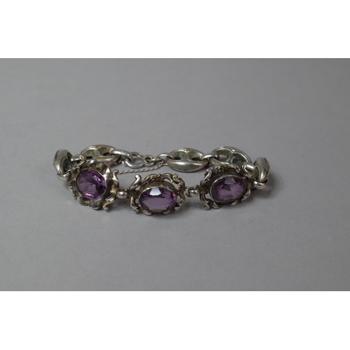 499 - A Victorian Three Section Amethyst and Silver Brooch on Later Five Section Chain to Form a Bracelet