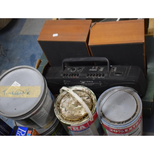 546 - A Collection of Sundries to Include Radio, Speakers, Fence Paint etc