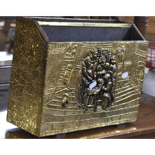 634 - A Mid 20th Century Brass Two Division Magazine Rack, Relief Interior Scene, 37cm wide