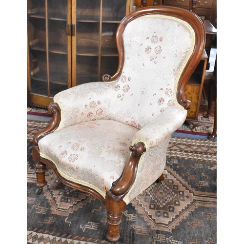 654 - A Victorian Mahogany Framed Balloon Back Ladies Armchair with Serpentine Front, Scrolled Arms and Tu... 