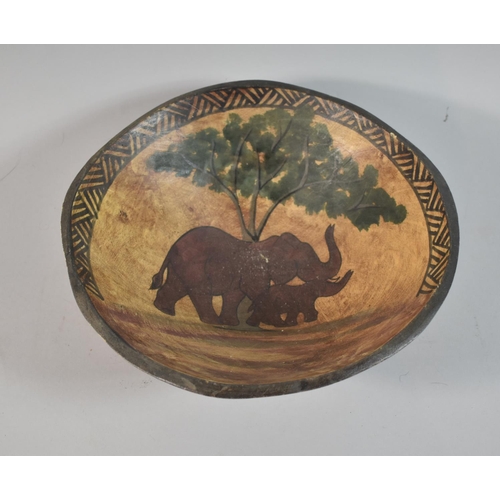 66 - A Modern African Carved Wooden Souvenir Bowl Depicting Elephants Under Tree, 28cm Diameter