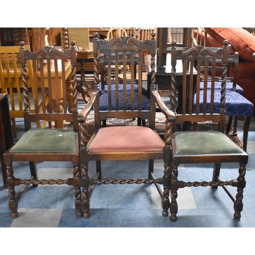 678 - A Set of Three Oak Framed Barley Twist side Chairs to Include One Carver