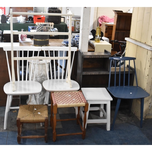 686 - A Collection of Painted and Other Furniture to Include Three Chairs, Towel Rail, Small Table, Bookca... 