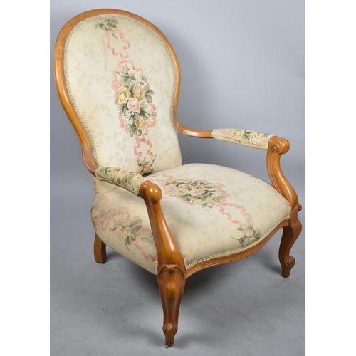 689 - A Mid 20th Century Balloon Backed Ladies Arm chair on Scrolled Supports