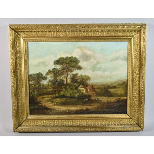 79 - A 19th Century Gilt Framed Oil on Canvas Depicting Rural Cottage with Figures in the Foreground, 38x... 