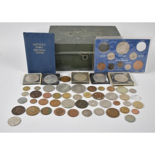 A Vintage Cash Tin Containing Various British and Foreign Coins, Crowns ...