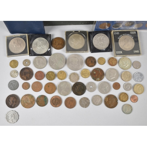 A Vintage Cash Tin Containing Various British and Foreign Coins, Crowns ...
