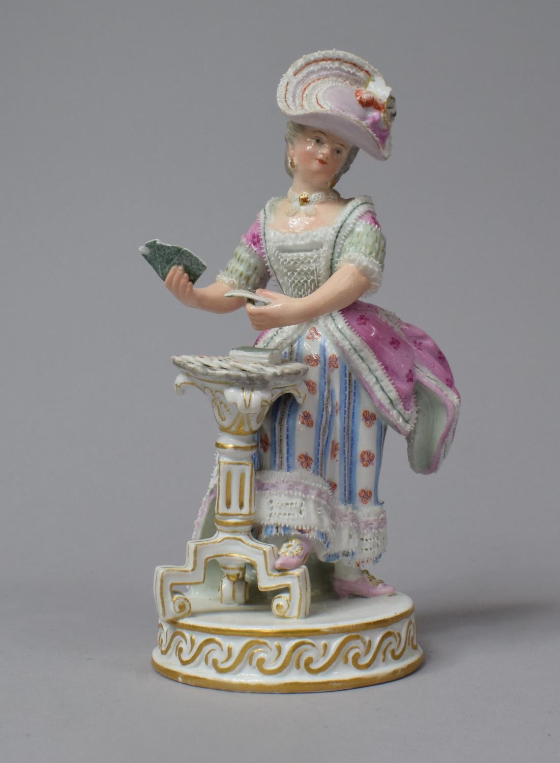 A Meissen Figure, Maiden with Cards, Some Nibbles, 16cm high