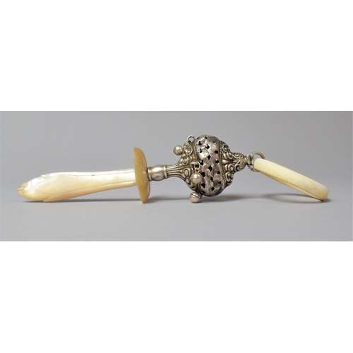 440 - A Victorian Silver Ivory and Mother of Pearl Mounted Babies Rattle and Teether, Birmingham 1896