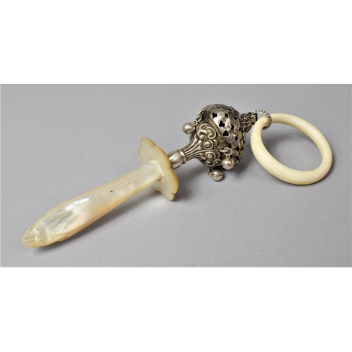 440 - A Victorian Silver Ivory and Mother of Pearl Mounted Babies Rattle and Teether, Birmingham 1896