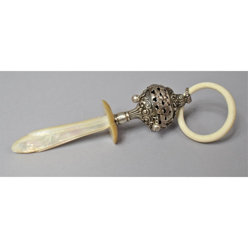 440 - A Victorian Silver Ivory and Mother of Pearl Mounted Babies Rattle and Teether, Birmingham 1896