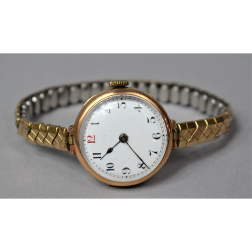 443 - A 9ct Gold Ladies Wristwatch with White Enamel Dial, Expandable Strap not Gold,