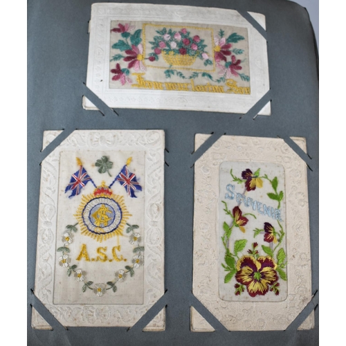 62 - An Early 20th Century Postcard Album Containing 32 WWI Silk Embroidered Examples Together with a Few... 