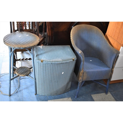 633 - A Blue Loom Armchair, Bow Fronted Linen Box and Circular Topped Table