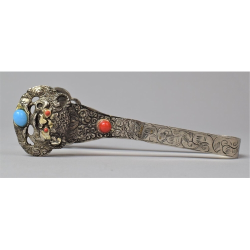 45 - A Chinese White Metal Lion Mask Tongs with Coloured Cabochon, 15cm Long