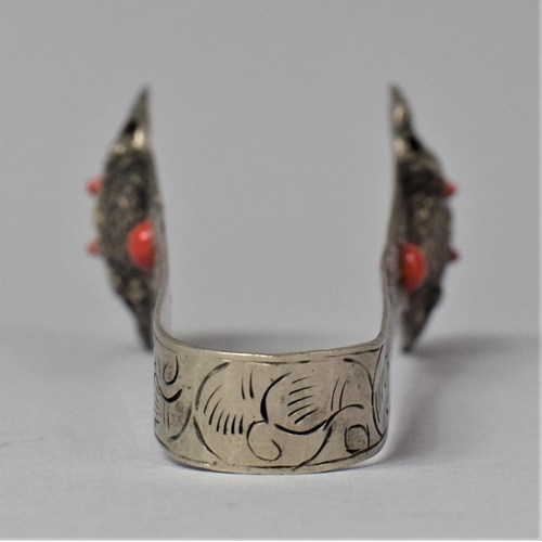 45 - A Chinese White Metal Lion Mask Tongs with Coloured Cabochon, 15cm Long