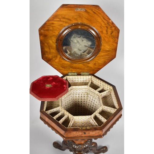 60 - A Victorian Burr Walnut Octagonal Topped Ladies Work Box of Trumpet Form, Hinged Lid to Fitted Inner... 