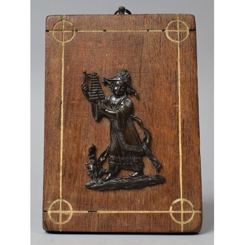 112 - An Oriental Bronze Effect Metal Mount In the Form of a Musician Playing Xylophone on Wooden Back, 12... 