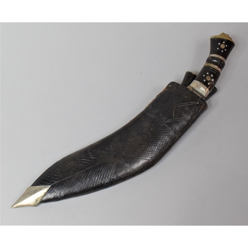 125 - A Vintage Kukri Knife with Two Daggers in Leather Scabbard, 34cm Long