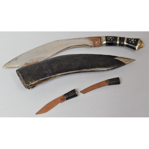 125 - A Vintage Kukri Knife with Two Daggers in Leather Scabbard, 34cm Long