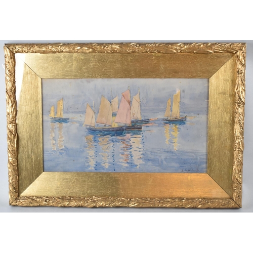 143 - A Gilt Framed Watercolour of Fleet of Fishing Barges, Signed Amy Paget-Hemp, 43x25cm