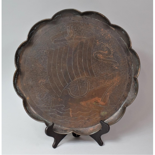 146 - An Arts and Crafts Hale Type Hand Beaten Circular Copper Wavy Rimmed Tray Decorated with Sailing Shi... 