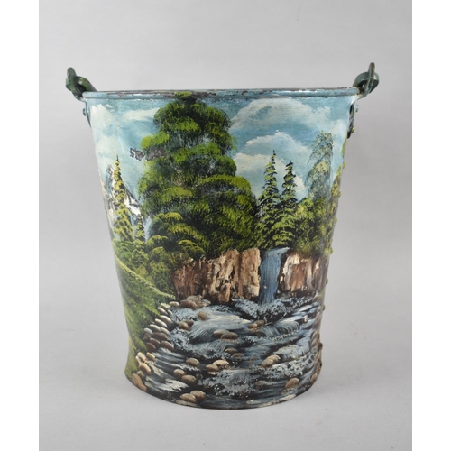 150 - A Hand Painted Galvanised Bucket Decorated with Alpine Waterfall, 27.5cm Diameter and 31cm high