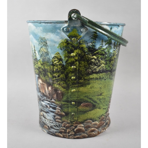 150 - A Hand Painted Galvanised Bucket Decorated with Alpine Waterfall, 27.5cm Diameter and 31cm high