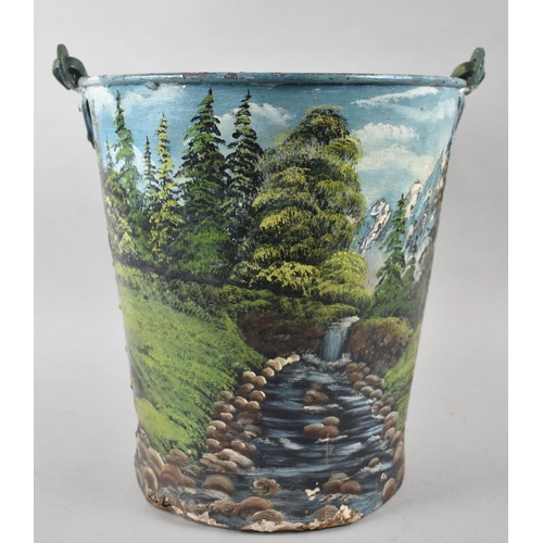 150 - A Hand Painted Galvanised Bucket Decorated with Alpine Waterfall, 27.5cm Diameter and 31cm high