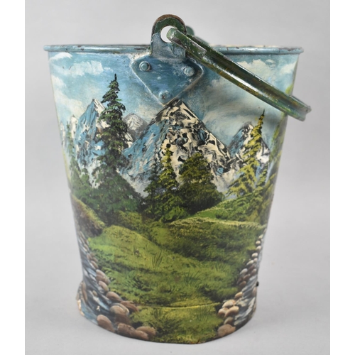 150 - A Hand Painted Galvanised Bucket Decorated with Alpine Waterfall, 27.5cm Diameter and 31cm high