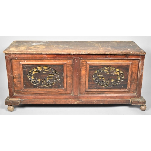 153 - A Late 19th Century Lift Top Two Panel Coffer Chest, Having Two Fret Cut Panels Depicting Deer, 100c... 