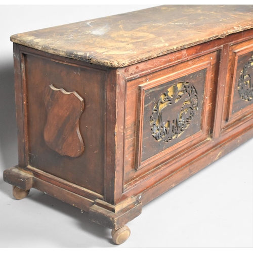 153 - A Late 19th Century Lift Top Two Panel Coffer Chest, Having Two Fret Cut Panels Depicting Deer, 100c... 