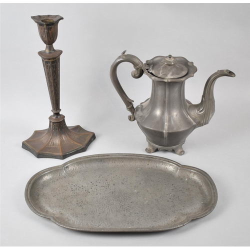 196 - A Pewter Tray, Coffee Pot and a Metal Candle Stick, 30cm high