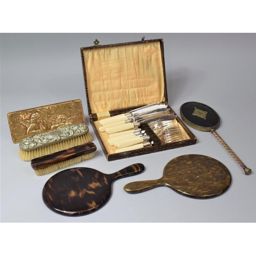 229 - A Collection of Dressing Table Mirrors, Brushes, Fish Knives and Forks, Pressed Brass Cherub Plaque ... 