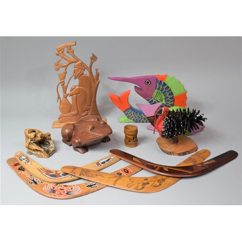 230 - A Collection of Various Australian Boomerangs, Carved Wooden Souvenir Ornaments etc