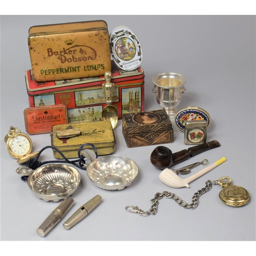 233 - A Collection of Various Vintage Tins, Silver Plated Wine Tasters, Various Pipes, Travelling Cork Scr... 