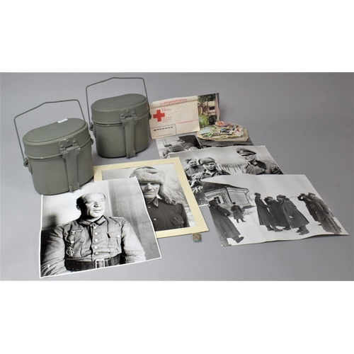 234 - Five Reprinted Black and White WWII Photographs, Two Painted Military Canisters, Collection of Stamp... 