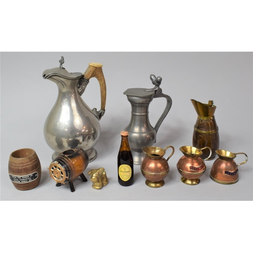 235 - A Collection of Various Metal Jugs, Miniature Wooden Barrel etc